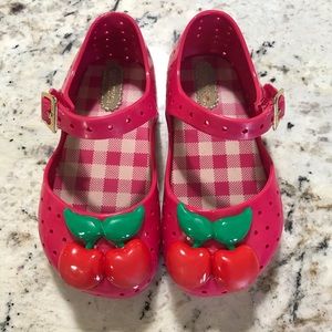 Girl mini melissa shoes hot pink red cherry themed cute